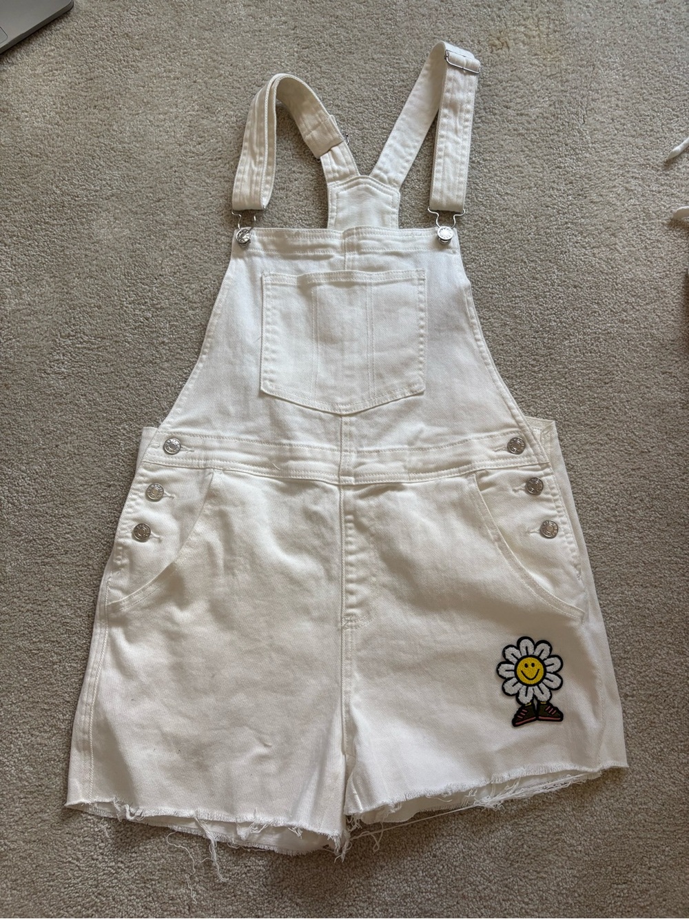 White Denim Short Overalls with Smiley Daisy Patch